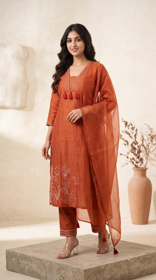 Rust Embroidered Suit Set with Dupatta