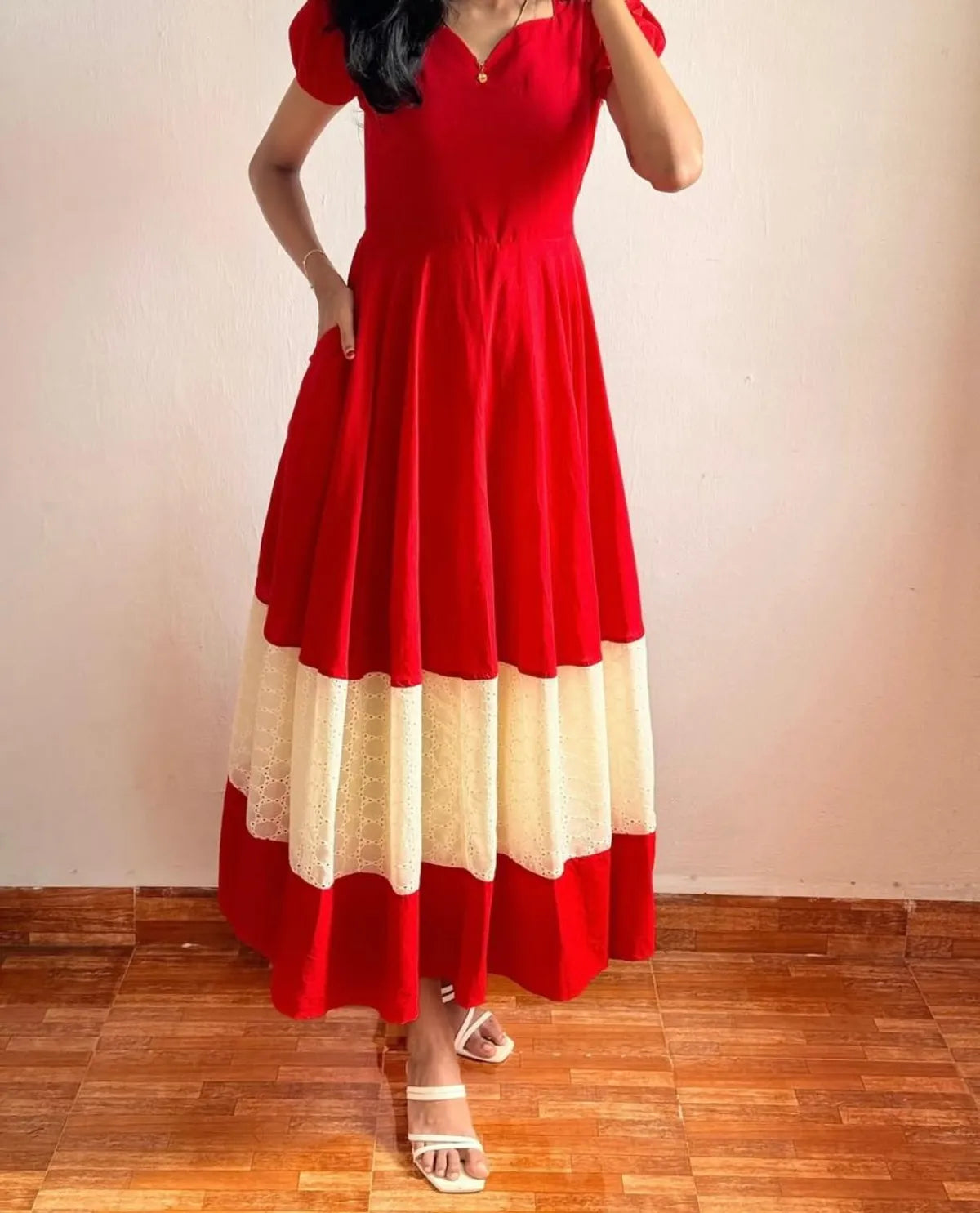 Red Sweetheart Neck Puff Sleeve Maxi Dress