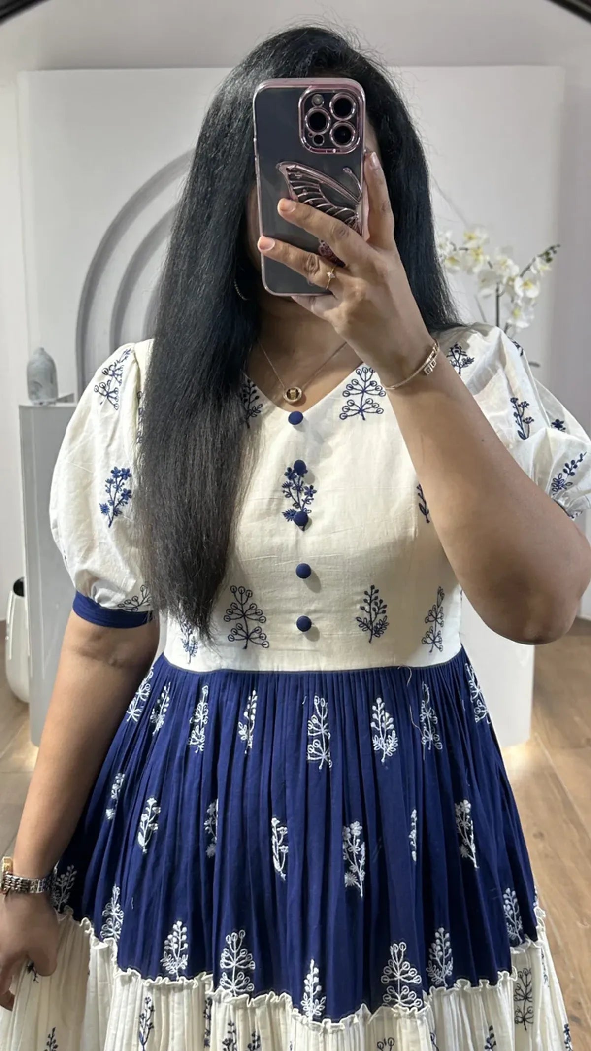 Blue and White Block Print Tiered Maxi Dress
