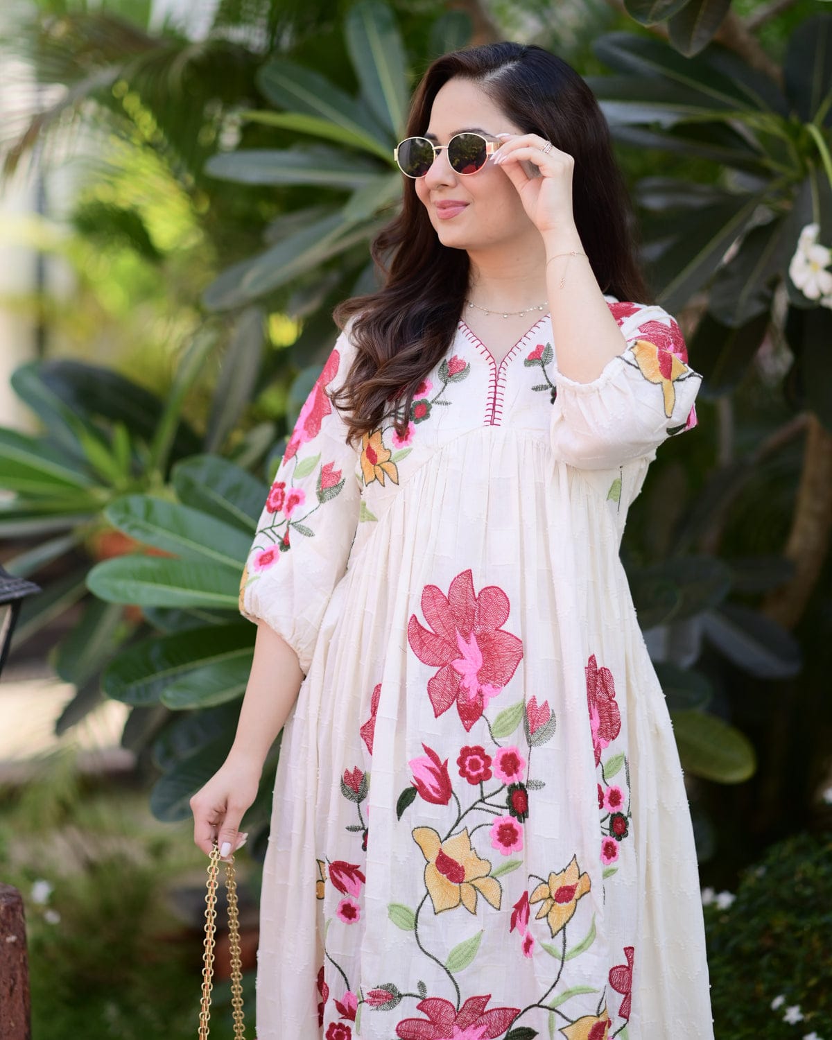 Cream Floral Embroidered Tiered Maxi Dress