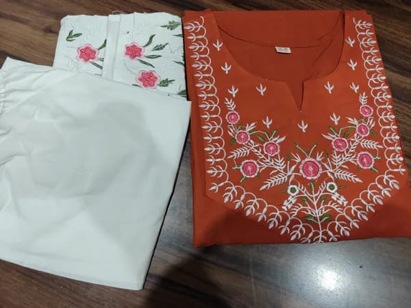 Rust Floral Embroidered Kurti Pant Set