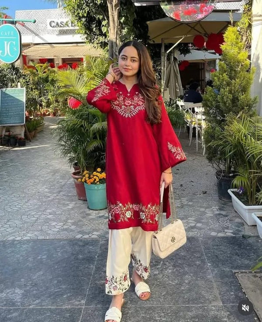 Red Floral Embroidered Kurti Pant Set