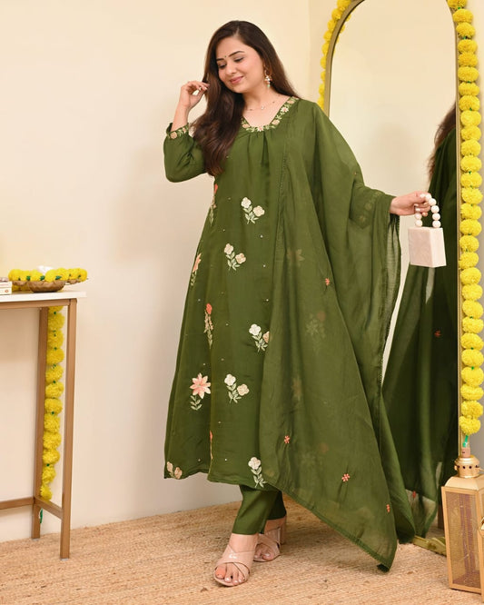 Olive Green Embroidered Suit Set with Dupatta
