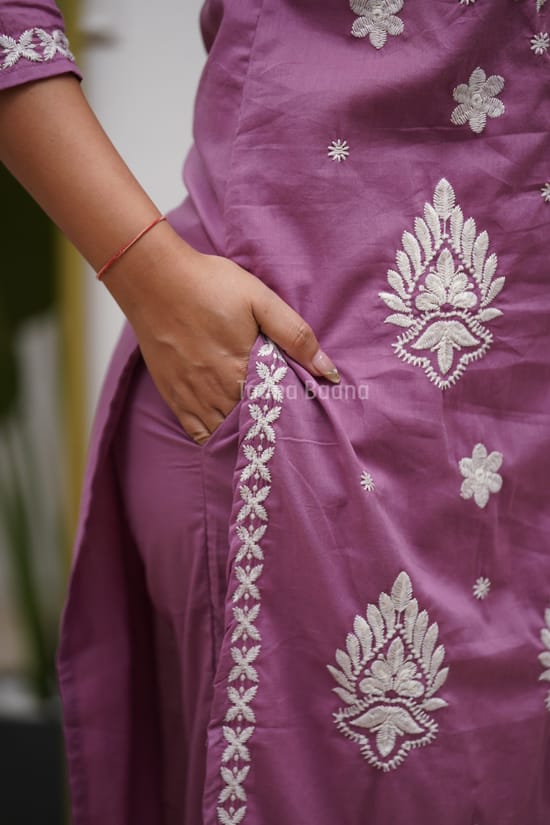 Mauve Pink Embroidered Suit Set with Dupatta