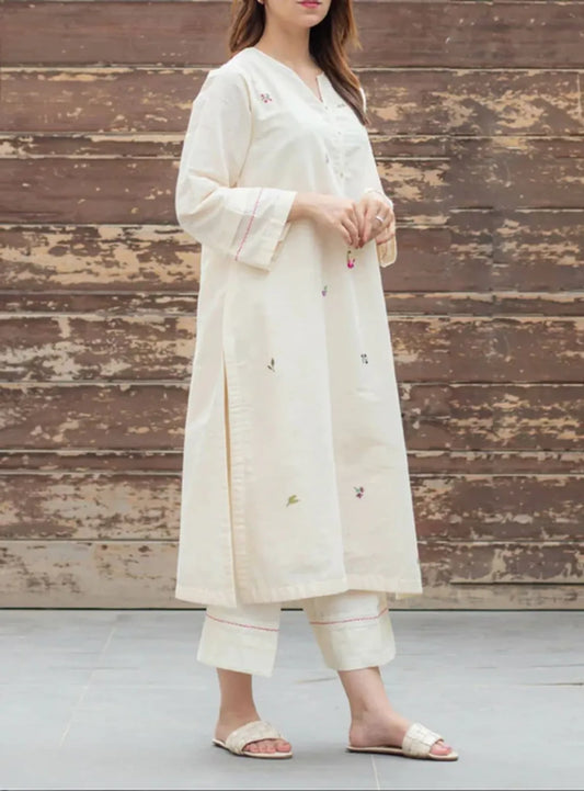 White Cotton Floral Embroidered Kurti Set
