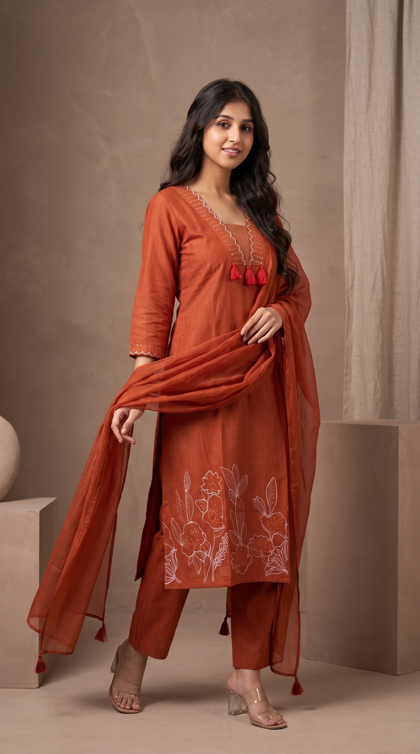 Rust Embroidered Suit Set with Dupatta