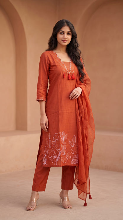Rust Embroidered Suit Set with Dupatta