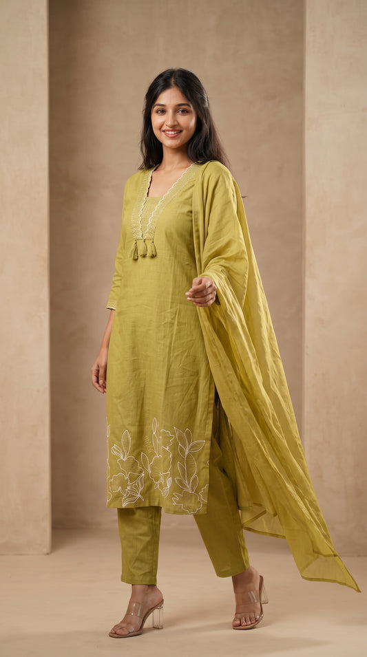 Lime Embroidered Suit Set with Dupatta