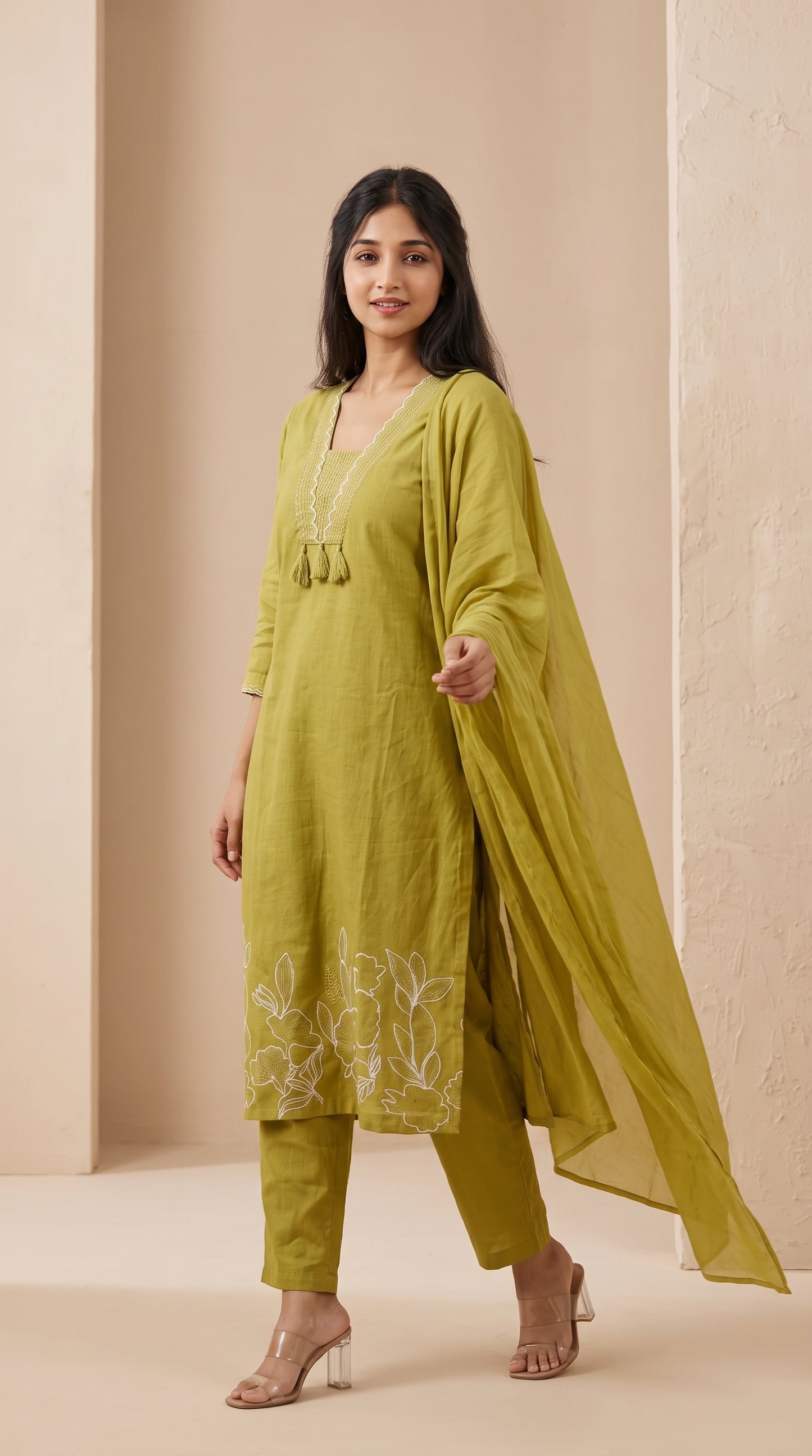 Lime Embroidered Suit Set with Dupatta