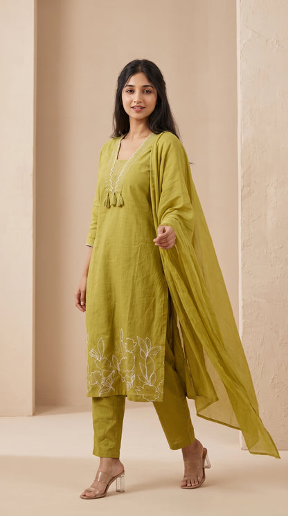 Lime Embroidered Suit Set with Dupatta