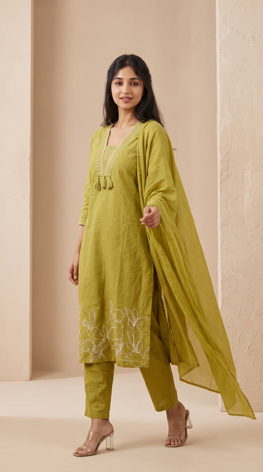 Lime Embroidered Suit Set with Dupatta