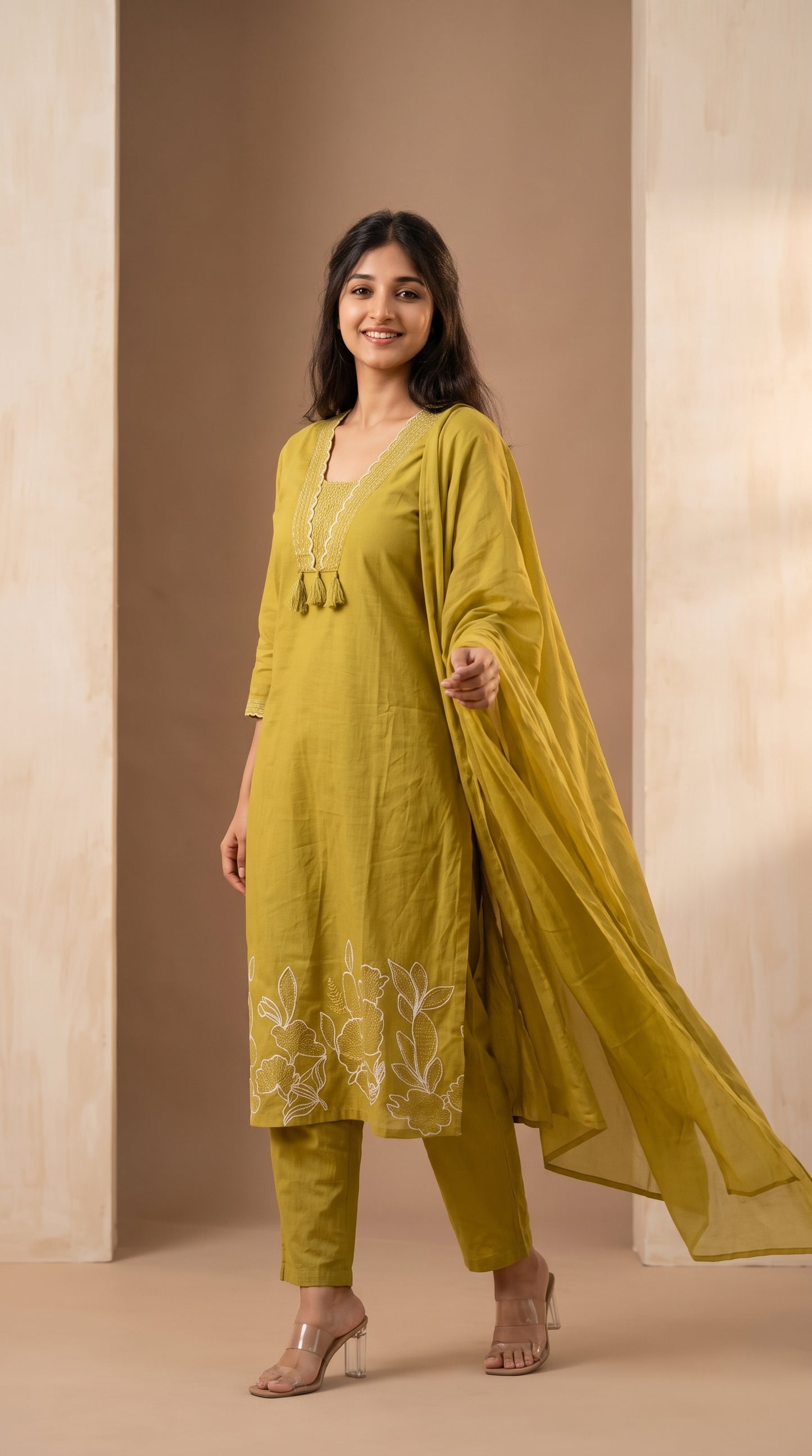 Lime Embroidered Suit Set with Dupatta