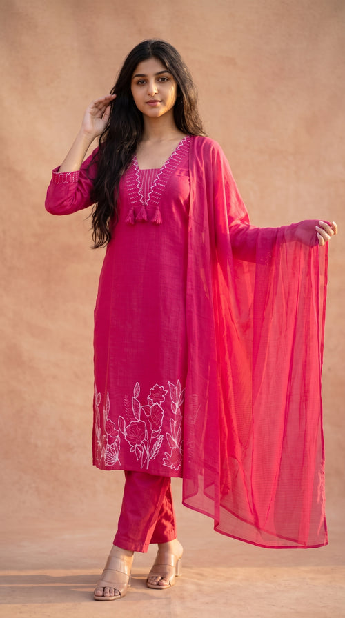 Magenta Embroidered Suit Set with Dupatta