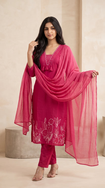 Magenta Embroidered Suit Set with Dupatta