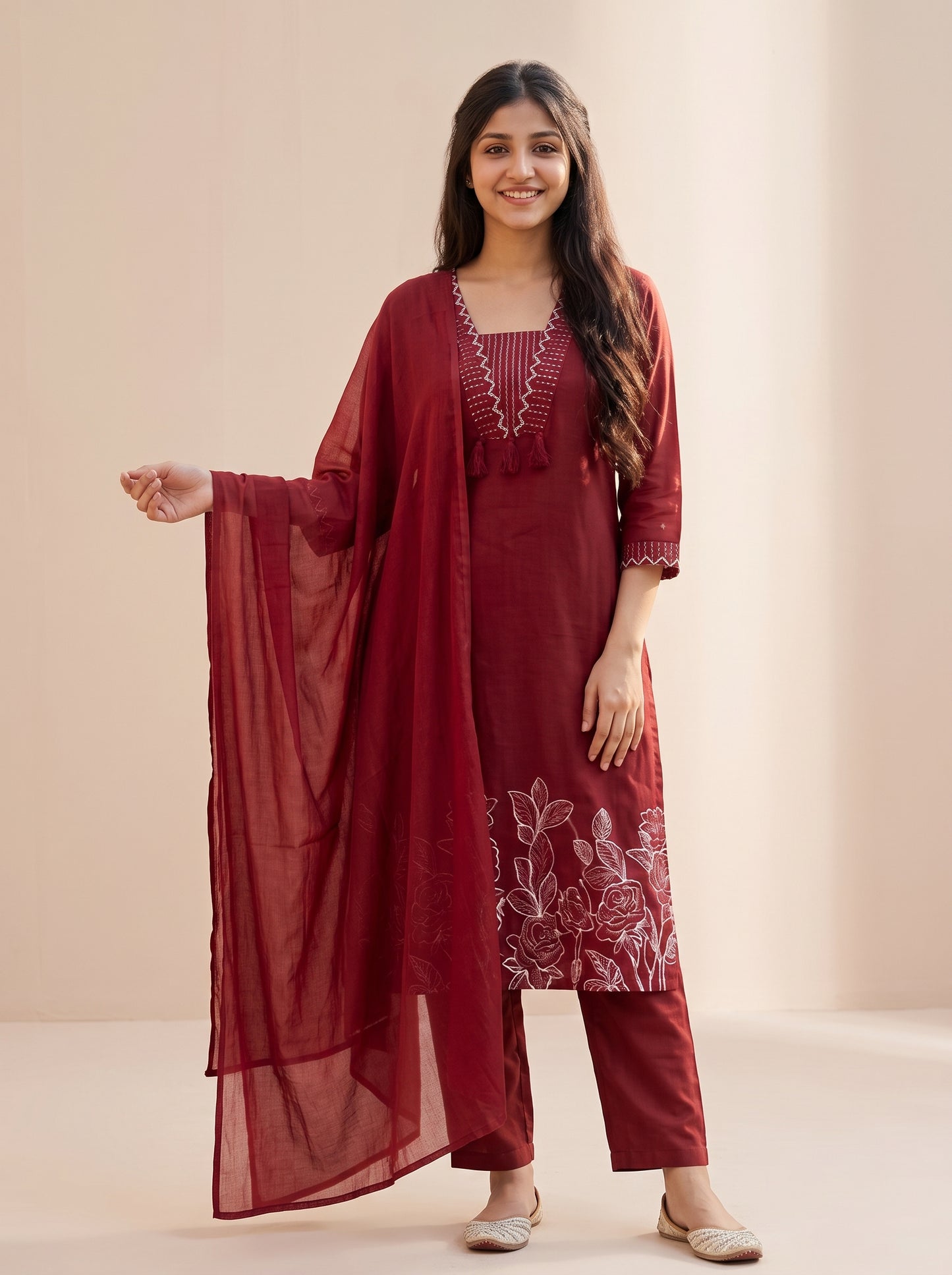 Maroon Embroidered Suit Set with Dupatta