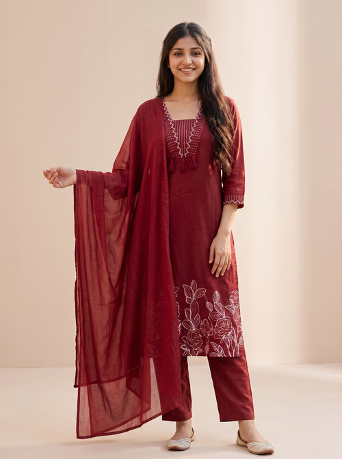 Maroon Embroidered Suit Set with Dupatta