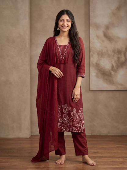 Maroon Embroidered Suit Set with Dupatta