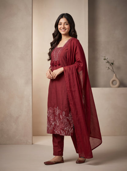 Maroon Embroidered Suit Set with Dupatta