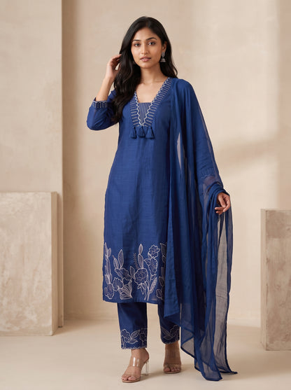 Blue Embroidered Suit Set with Dupatta