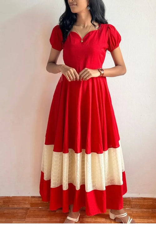 Red Sweetheart Neck Puff Sleeve Maxi Dress