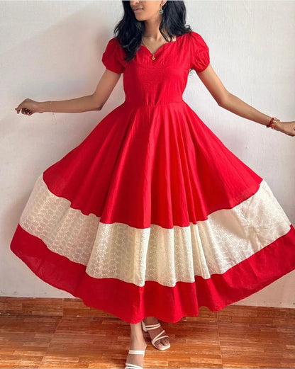 Red Sweetheart Neck Puff Sleeve Maxi Dress