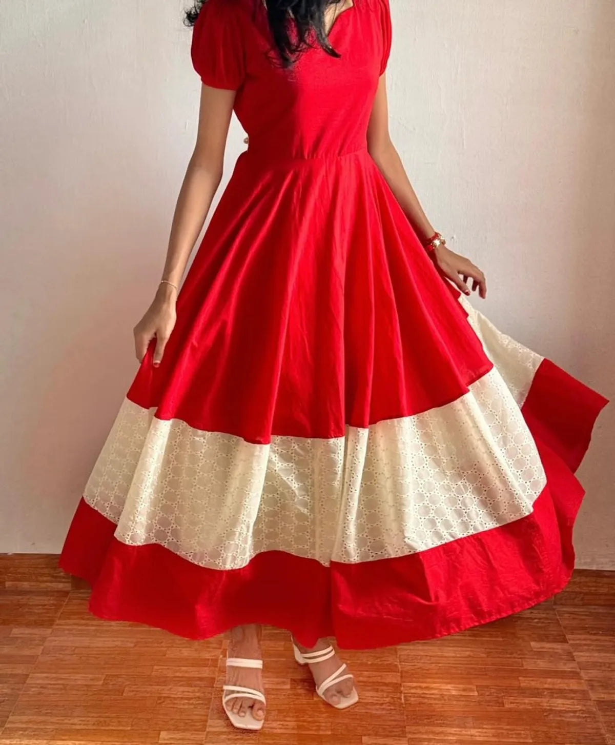 Red Sweetheart Neck Puff Sleeve Maxi Dress