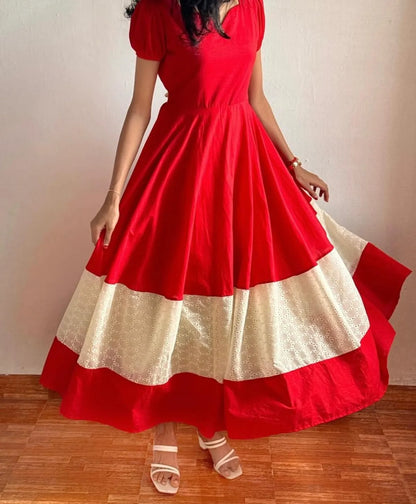 Red Sweetheart Neck Puff Sleeve Maxi Dress