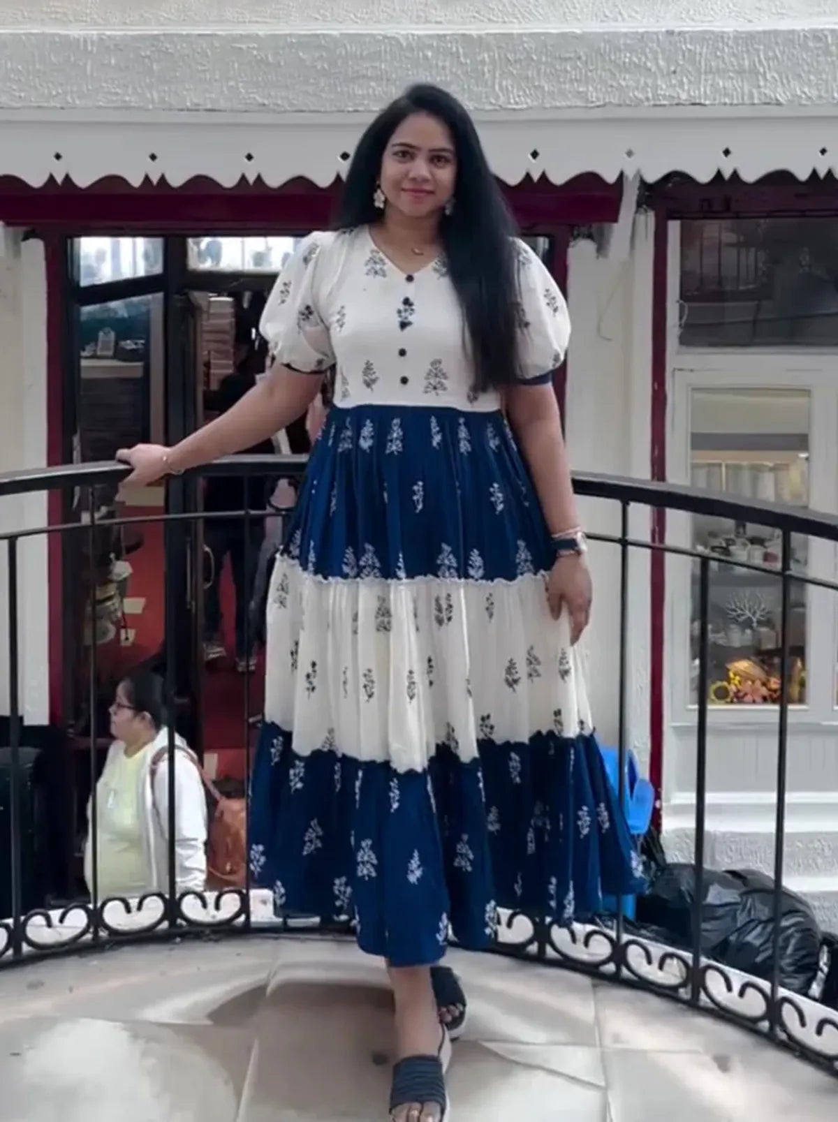 Blue and White Block Print Tiered Maxi Dress