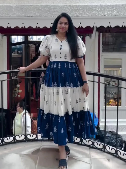 Blue and White Block Print Tiered Maxi Dress