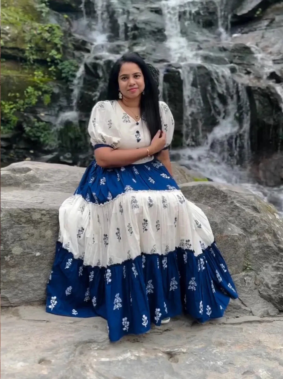 Blue and White Block Print Tiered Maxi Dress