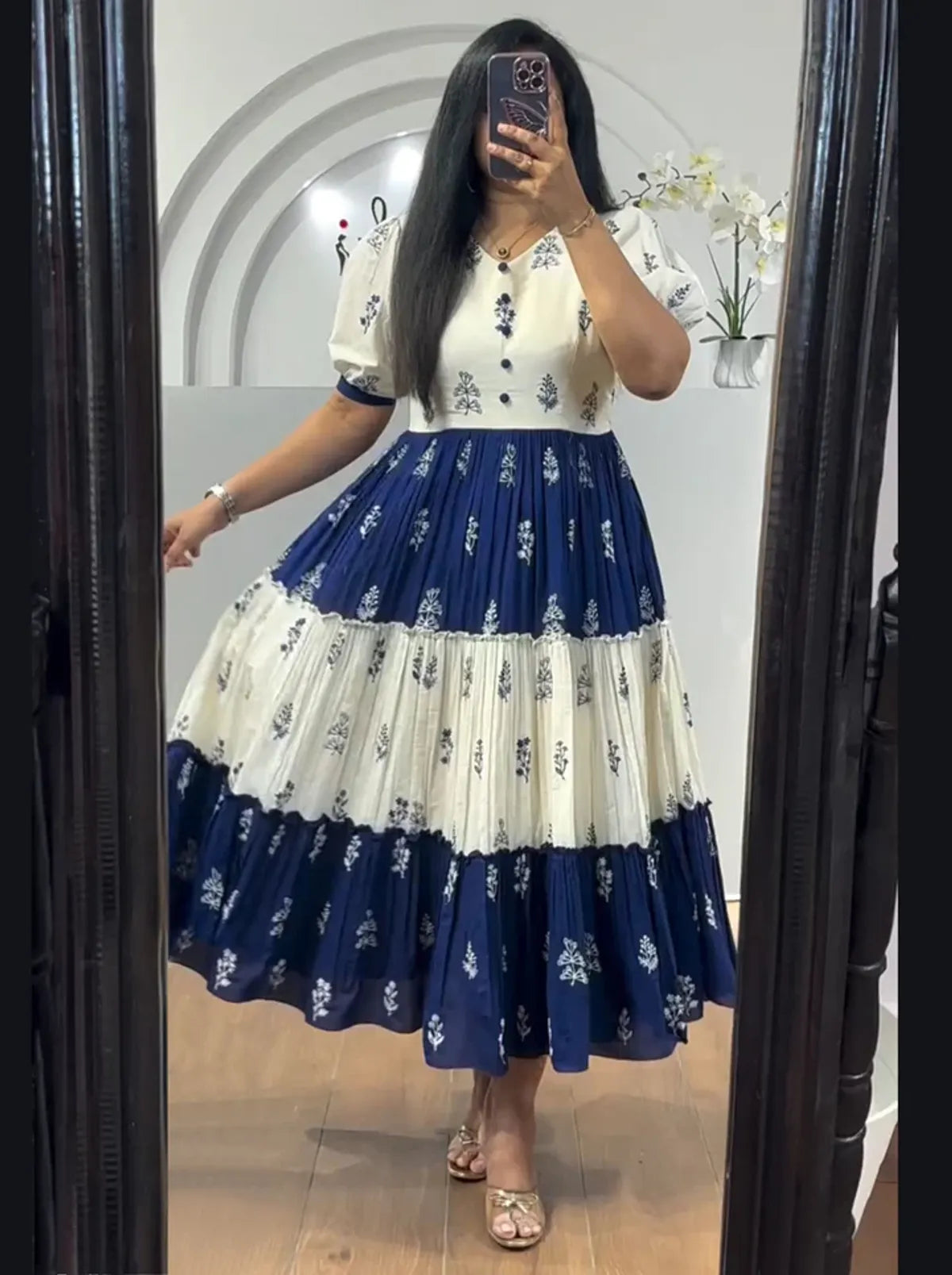 Blue and White Block Print Tiered Maxi Dress