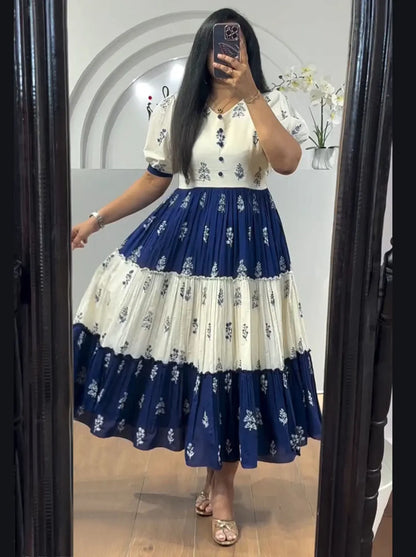 Blue and White Block Print Tiered Maxi Dress