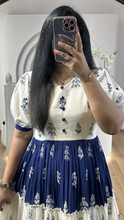 Blue and White Block Print Tiered Maxi Dress