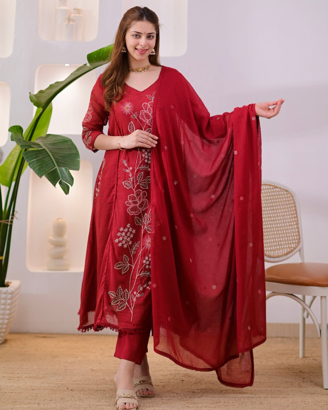 Maroon Embroidered Suit Set with Dupatta