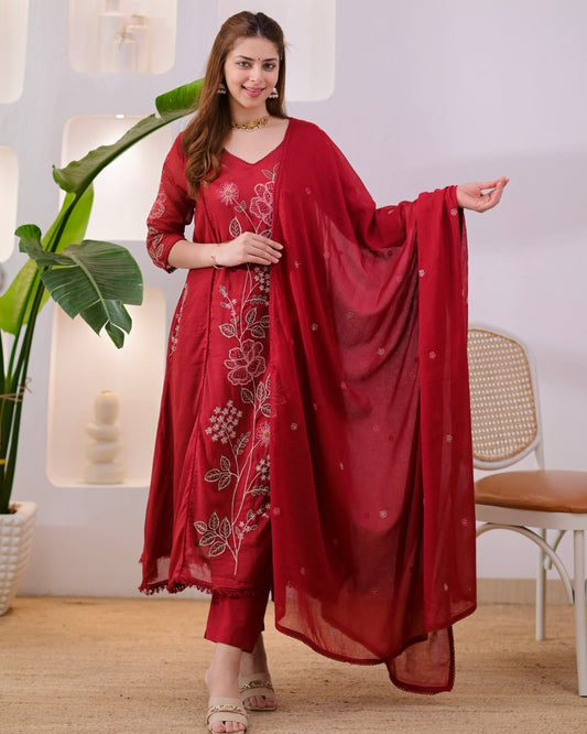 Maroon Embroidered Suit Set with Dupatta