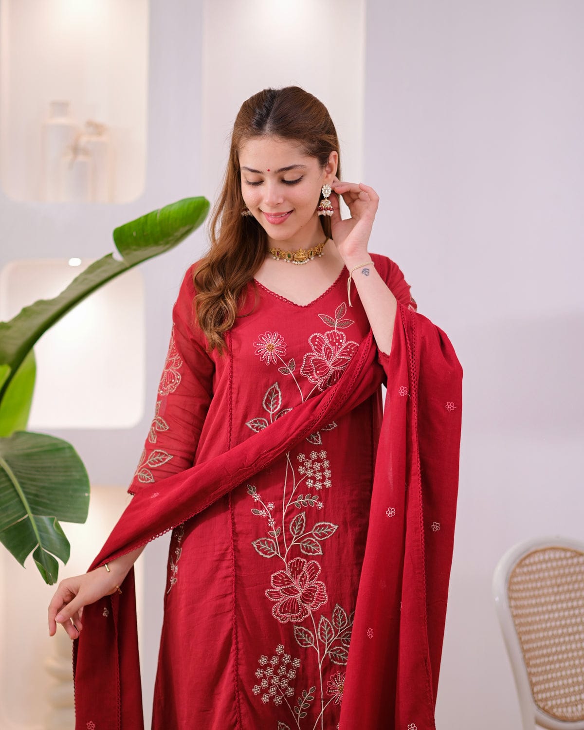 Maroon Embroidered Suit Set with Dupatta