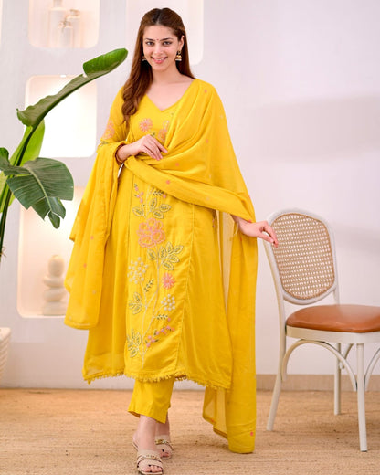 Yellow Embroidered Suit Set with Dupatta