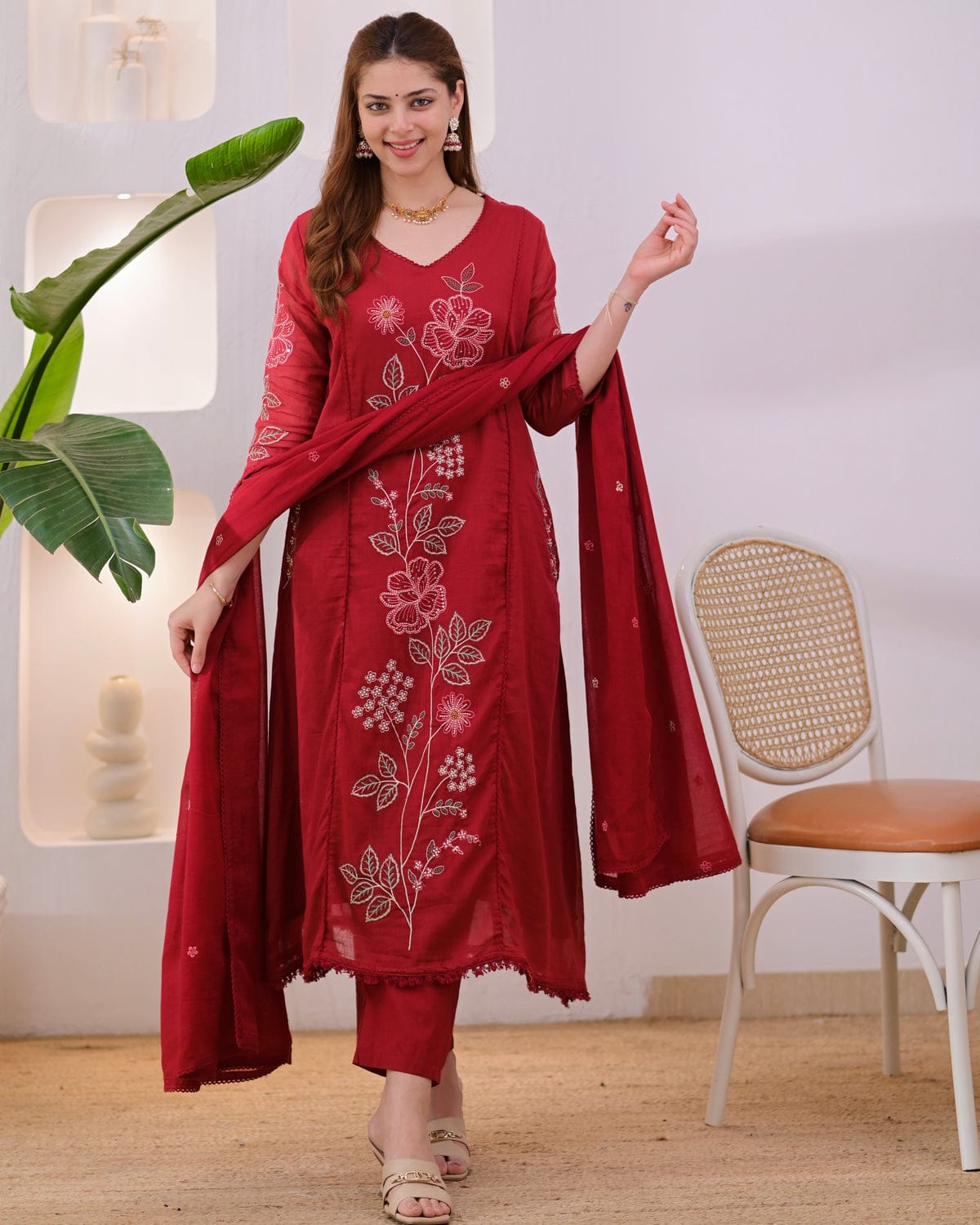 Maroon Embroidered Suit Set with Dupatta