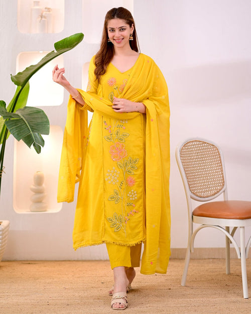 Yellow Embroidered Suit Set with Dupatta