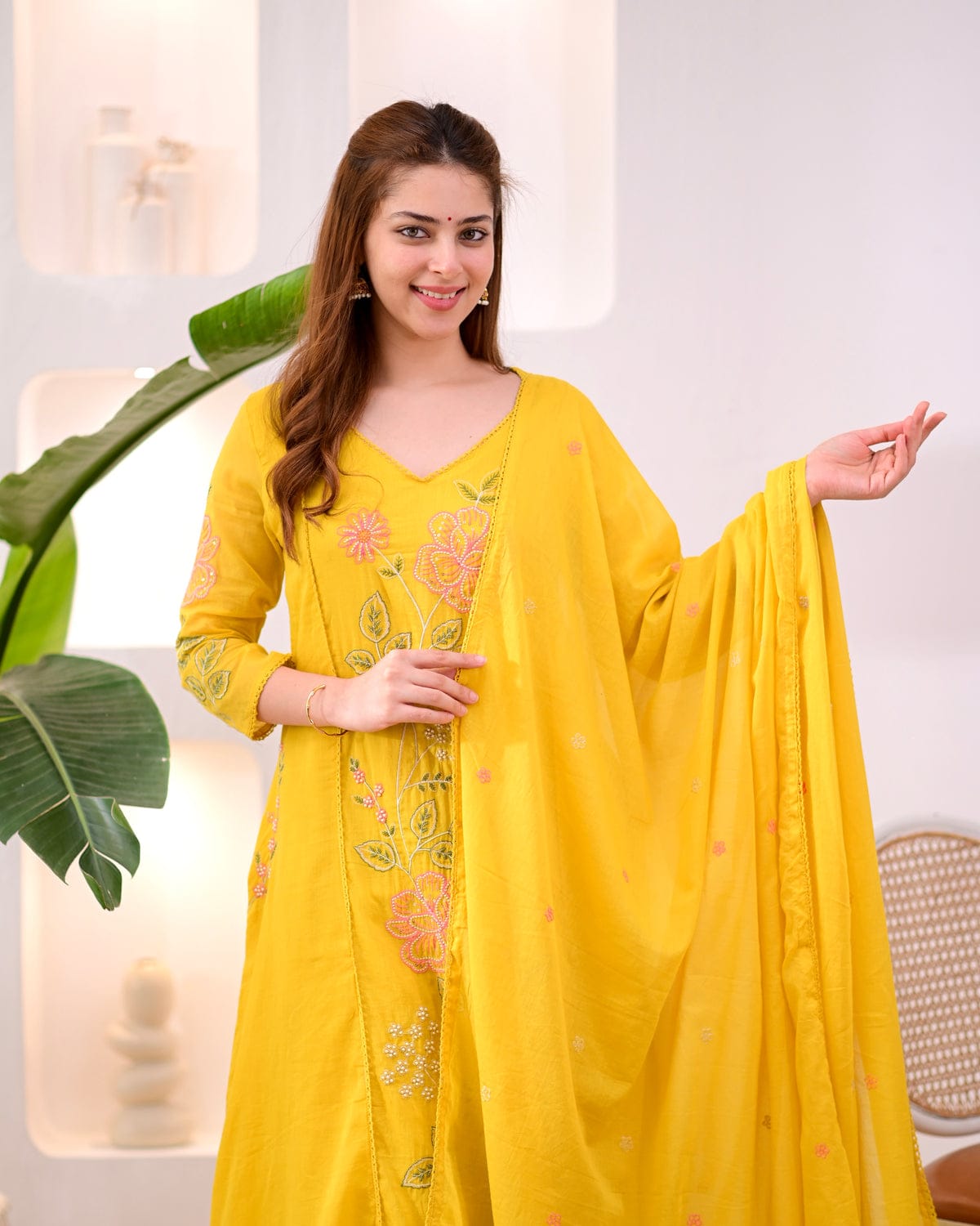 Yellow Embroidered Suit Set with Dupatta