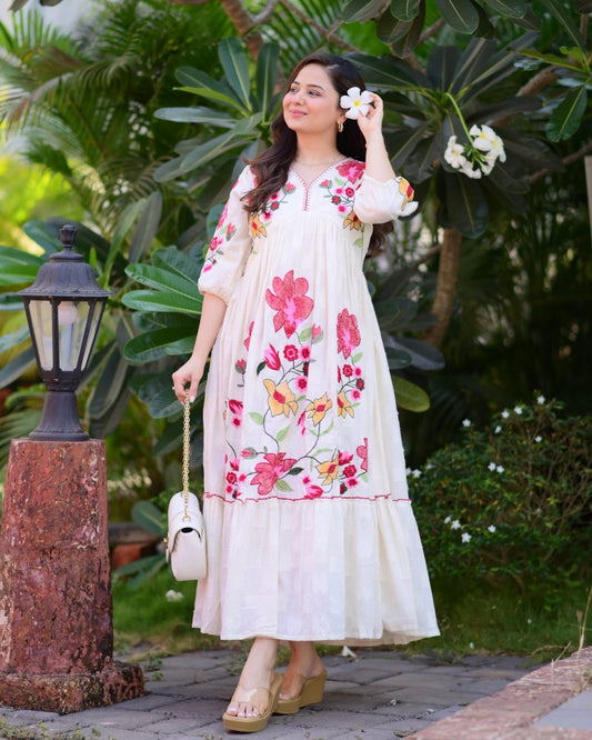 Cream Floral Embroidered Tiered Maxi Dress