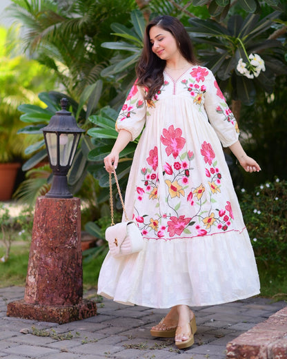 Cream Floral Embroidered Tiered Maxi Dress