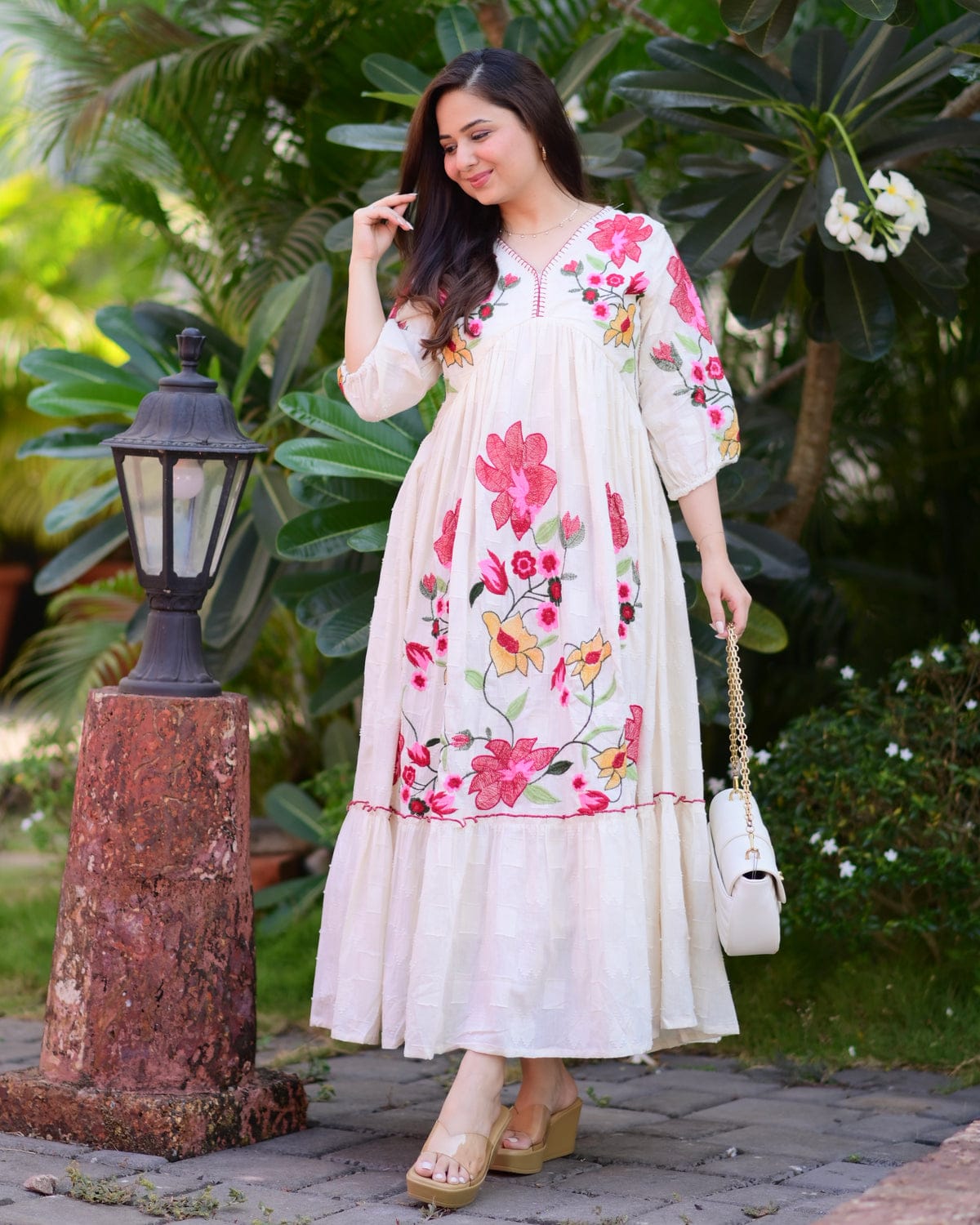 Cream Floral Embroidered Tiered Maxi Dress