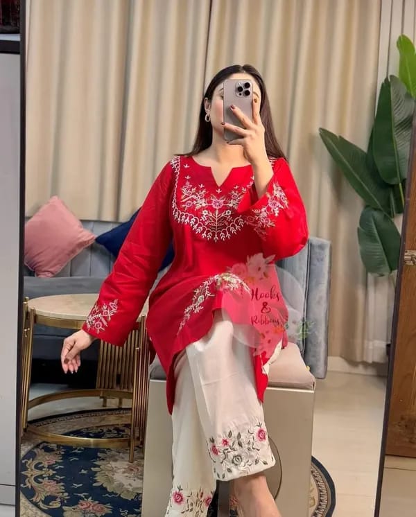 Red Floral Embroidered Kurti Pant Set