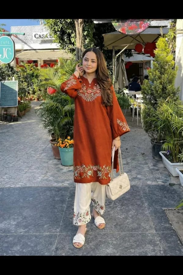 Rust Floral Embroidered Kurti Pant Set