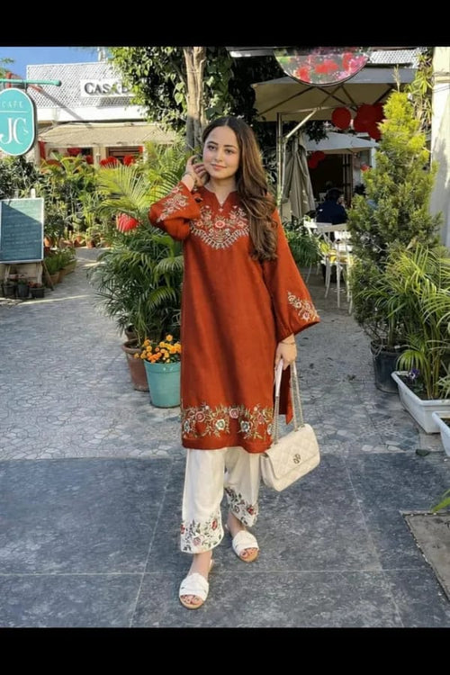 Rust Floral Embroidered Kurti Pant Set