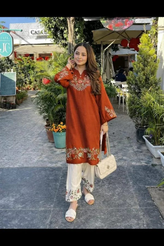 Rust Floral Embroidered Kurti Pant Set