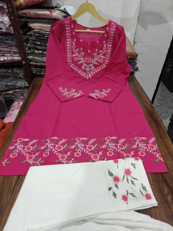 Pink Floral Embroidered Kurti Pant Set