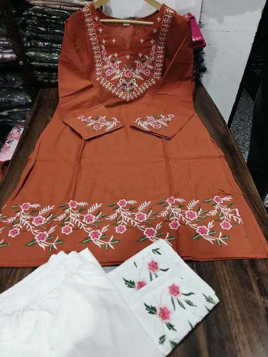 Rust Floral Embroidered Kurti Pant Set