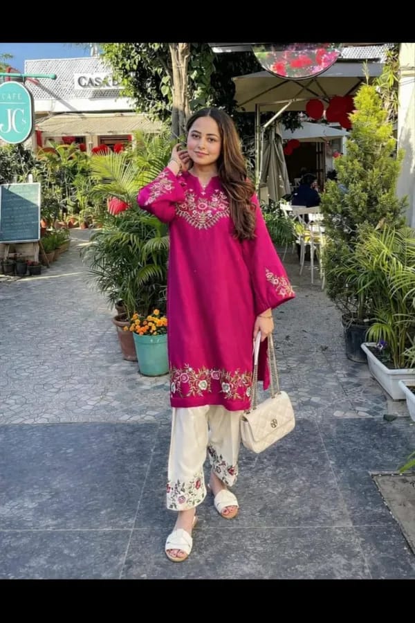 Pink Floral Embroidered Kurti Pant Set